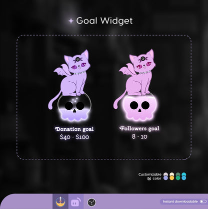 Cat Goth Goal Widget | Cute Cat Skull Liquid Filling Goal Widget is fully customisable for Twitch Streamlabs and Streamelements